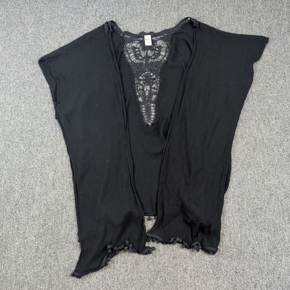 Mixit Boho Crochet Lace Back Pom Pom Kimono Wrap OS Black Festival Beach Coverup